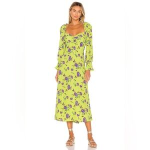 Faithful The Brand Mathilde Midi Dress Green Floral Long Sleeve Picnic Garden XS